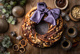 brioche tressée babka fait maison avec pâte à tartiner au chocolat noisette couronne table de fête Noë