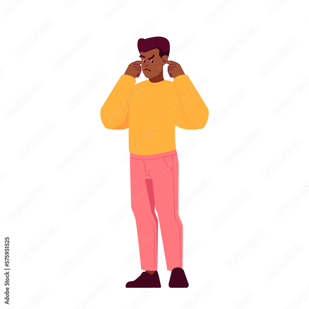 Man Hand Over Ears, Frowning, During Conflict. Concept Of Avoidance, Denial, Or Refusal To Listen With Annoyed Male