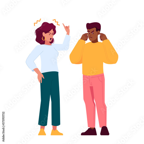 Couple Quarrel, Partners Use Hand Gestures To Emphasize Their Point. They Stand Close To Each Other Vector Illustration