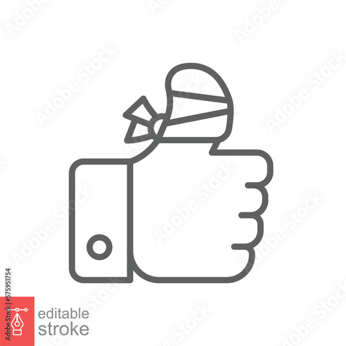 Hurt hand, bandage finger line icon. Simple outline style. Like, thumb up gesture, injured, unavailable concept. Vector illustration isolated on white background. Editable stroke EPS 10.