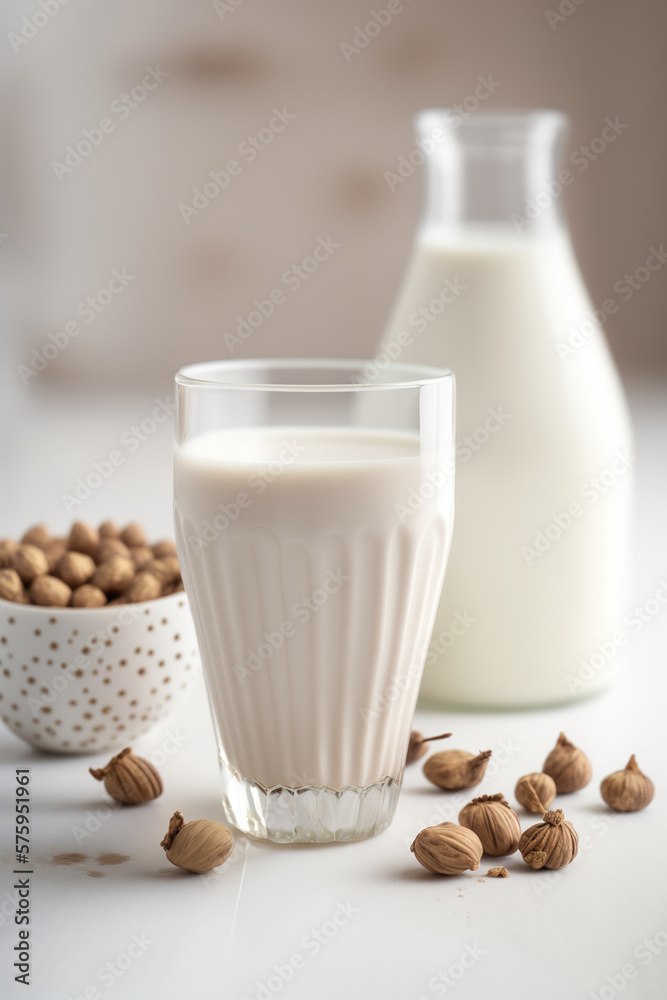 Glass with vegan hazelnut milk on a white table.Generative AI Glass with vegan hazelnut milk on a white table.Generative AI
