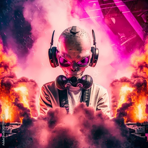 Pink Alien as a dj at a music festival, on stage with fire works going off, white and pink dust everywhere, hyper realistic and trippy. Generative AI.