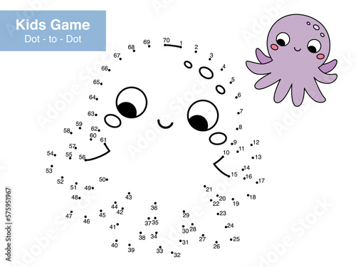 Dot to dot educational game for children. Cute cartoon octopus. Numbers game. Printable activity page for kids. Connect the dots and color. Vector illustration.