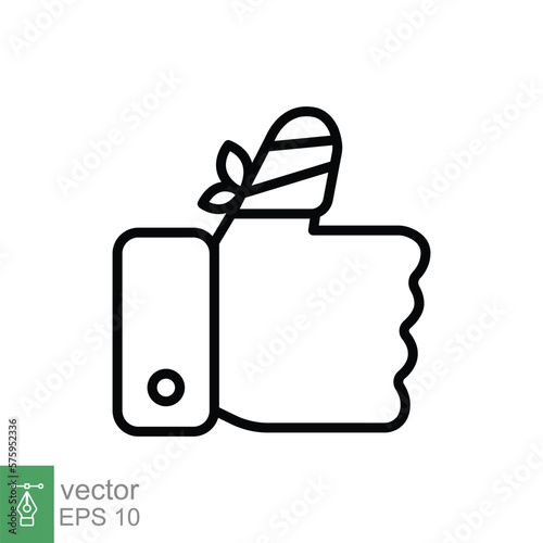 Hurt hand, bandage finger line icon. Simple outline style. Like, thumb up gesture, injured, unavailable concept. Vector illustration isolated on white background. EPS 10.
