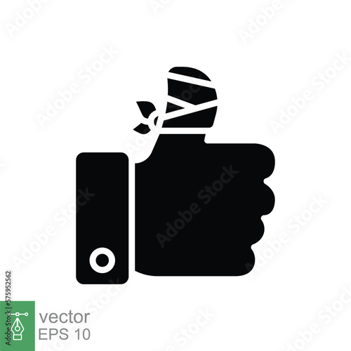 Hurt hand, bandage finger glyph icon. Simple solid style. Like, thumb up gesture, injured, unavailable concept. Vector illustration isolated on white background. EPS 10.