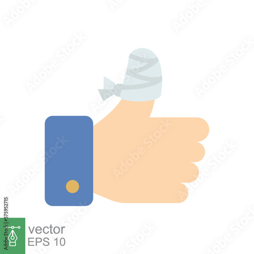 Hurt hand, bandage finger icon. Simple flat style. Like, thumb up gesture, injured, unavailable concept. Vector illustration isolated on white background. EPS 10.