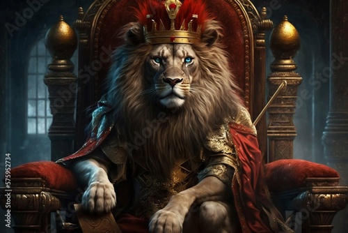 Royal lion king in sitting on a red throne. Generative AI