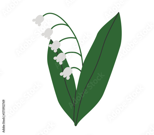 Hand drawn cute cartoon illustration of lily of the valley flower with leaves. Flat vector spring plant sticker in colored doodle style. Blooming may-lily icon or print. Isolated on background.