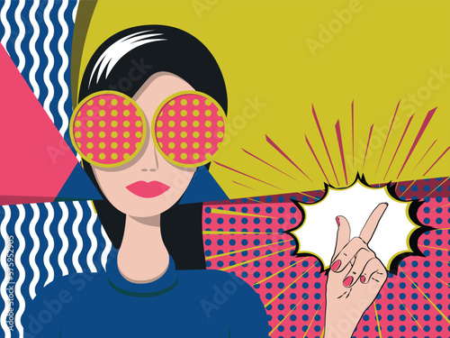 Pop art girl click of a finger. Place for an inscription.