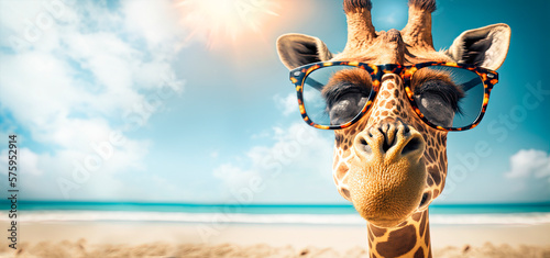 Funny giraffe with sunglasses on the tropical beach. Travel background with silly animal on summer holiday. photo