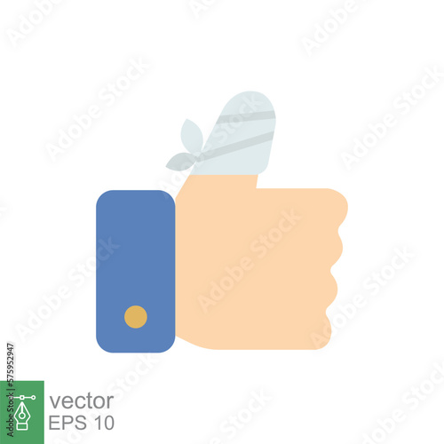 Hurt hand, bandage finger icon. Simple flat style. Like, thumb up gesture, injured, unavailable concept. Vector illustration isolated on white background. EPS 10.