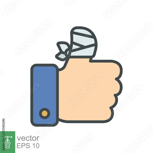 Hurt hand, bandage finger icon. Simple filled outline style. Like, thumb up gesture, injured, unavailable concept. Vector illustration isolated on white background. EPS 10.