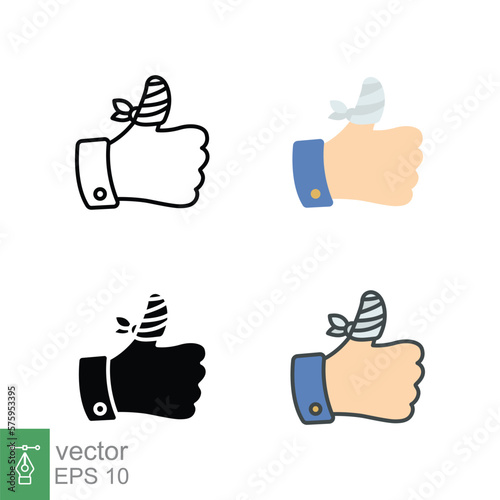 Hurt hand, bandage finger icon in different style. Outline, flat, solid, filled outline. Like, thumb up gesture, injured, unavailable concept. Vector illustration isolated on white background. EPS 10.