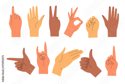 Set of different hand gestures. Hands of different skin colors isolated on white. Approving gesture, thumbs up, fist, hand horns, finger gun, palm, Ok. Flat style vector illustration. photo