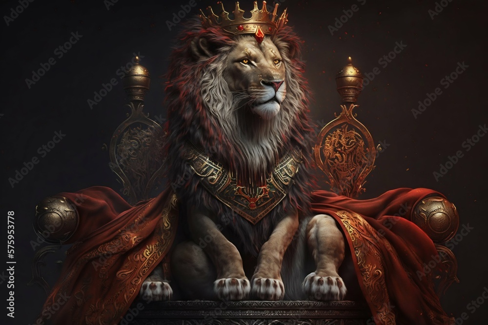 Royal lion king in sitting on a red throne. Generative AI