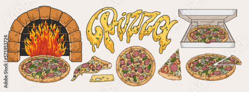 Italian pizza emblems set colorful