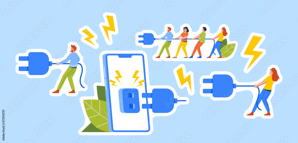 Set of Stickers Digital Detox Theme. Tiny People Pull Plug Turning Off Huge Phone Disconnecting From Technology Set of Stickers Digital Detox Theme. Tiny People Pull Plug Turning Off Huge Phone Disconnecting From Technology