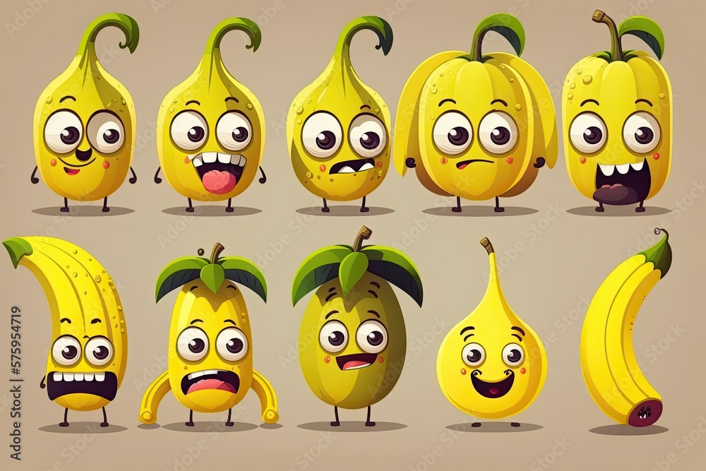 Yellow fruits and vegetables with funny faces. Generative ai Yellow fruits and vegetables with funny faces. Generative ai