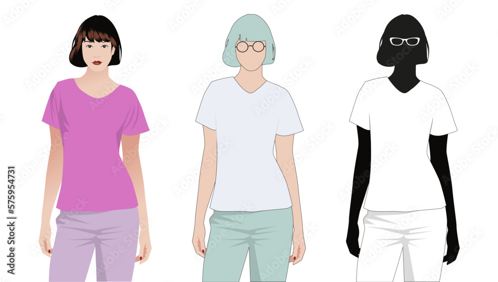 T-shirt mockup. Pretty woman wearing blank t-shirt in three different ways to include a design. Illustration isolated on white background.