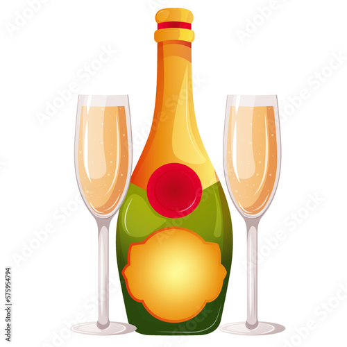Glasses and bottle of champagne, sparkling wine vector illustration. Cartoon isolated elegant bottle with gold label and 2 glasses for Happy Birthday, Christmas and New Year greetings