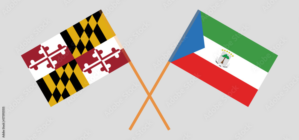 Crossed flags of the State of Maryland and Equatorial Guinea. Official colors. Correct proportion Crossed flags of the State of Maryland and Equatorial Guinea. Official colors. Correct proportion