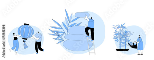 Feng Shui Oriental Philosophy Concept. Characters Decorate Home with Stones, Lantern and Plants for Positive Energy Flow
