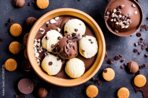 Chocolate and Vanilla Ice Cream Scoops with Mouth-Watering Dripping Chocolate and Choco Chips - Tempting Sweet Treat for Summer Parties and Celebrations