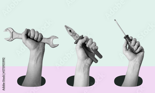 Obraz na płótnie Art collage of hands with tools on a surrealistic background.