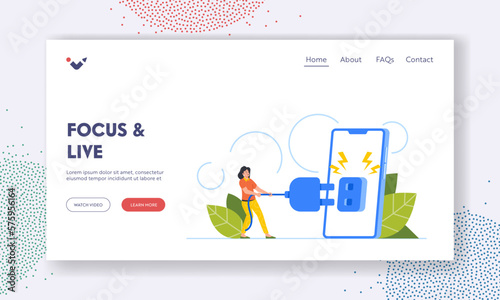 Focus and Live Landing Page Template. Tiny Woman Shut Off Huge Phone Putting Aside Technology Vector Illustration