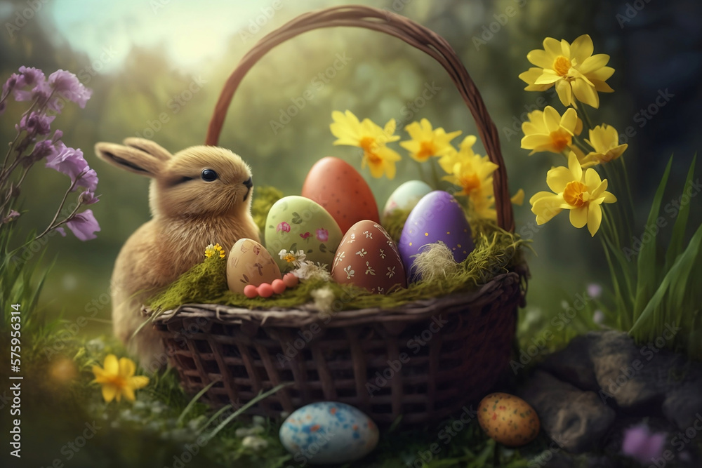 the backet with easter bunny and easter eggs and flowers the backet with easter bunny and easter eggs and flowers