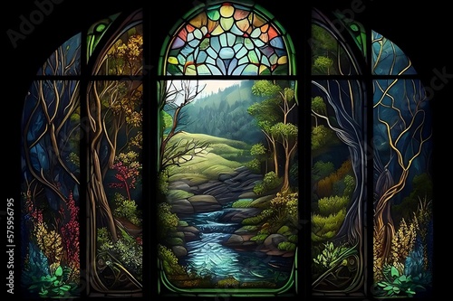 Canvas Print Stained glass showing beautiful nature. Generative AI