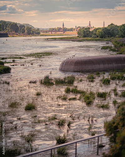 Kaunas view form Nemunas Island to Vytautas The Greatest Bridge. Bird ready to fly. City view from river side in Lithuania.