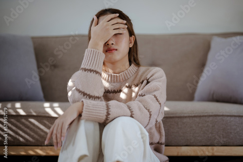 Depression asian woman Sad pensive mental health concept. Self isolation.