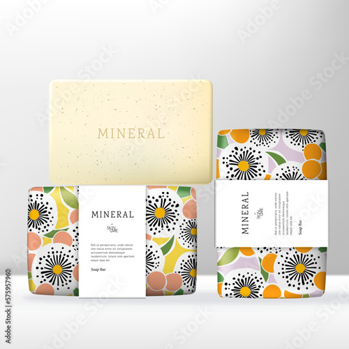 Vector Beauty or Skincare Soap Bar with Floral Pattern Print Wrapping Paper Packaging.