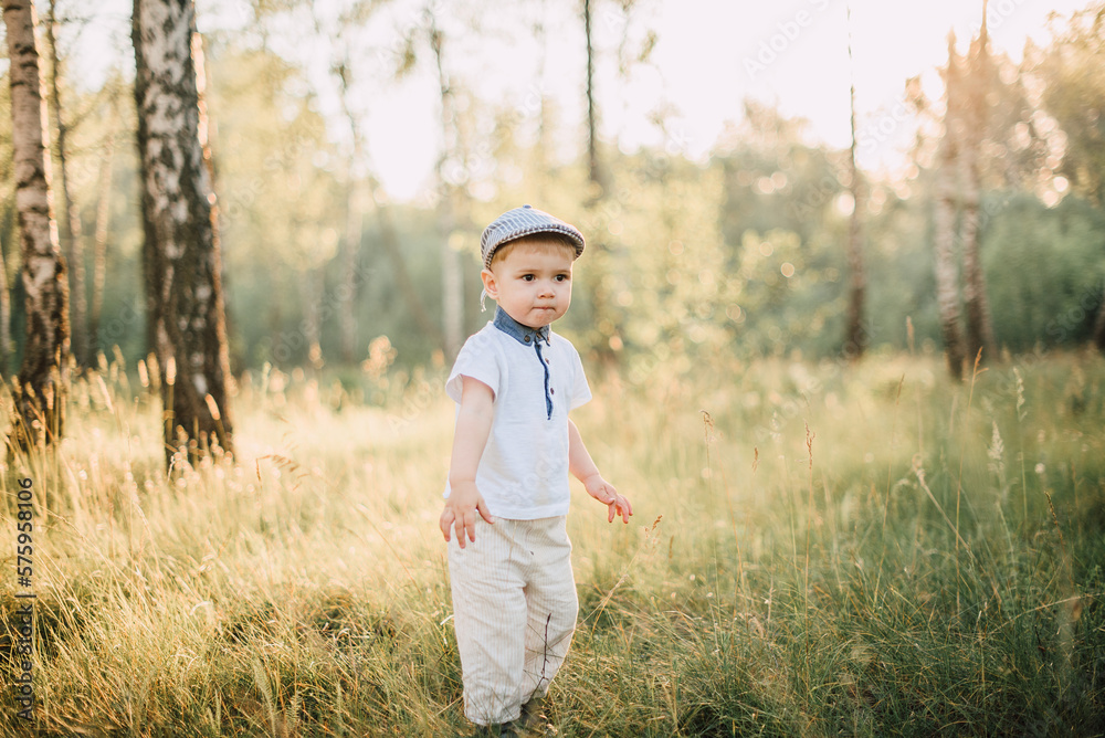 Portrait of a happy cute little boy having fun outdoors, exploring summer nature forest.