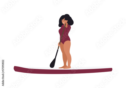Sup surfer Woman on paddle board. Woman with paddle, cartoon flat vector illustration isolated from background. Sup paddling woman character. Paddle boarding concept
