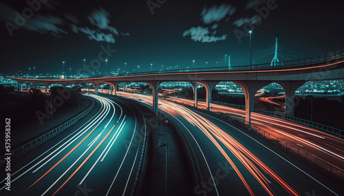 dynamic speed light trails in an urban environment. Fast moving traffic line on the highway beautiful timelaps photo. lights of cars