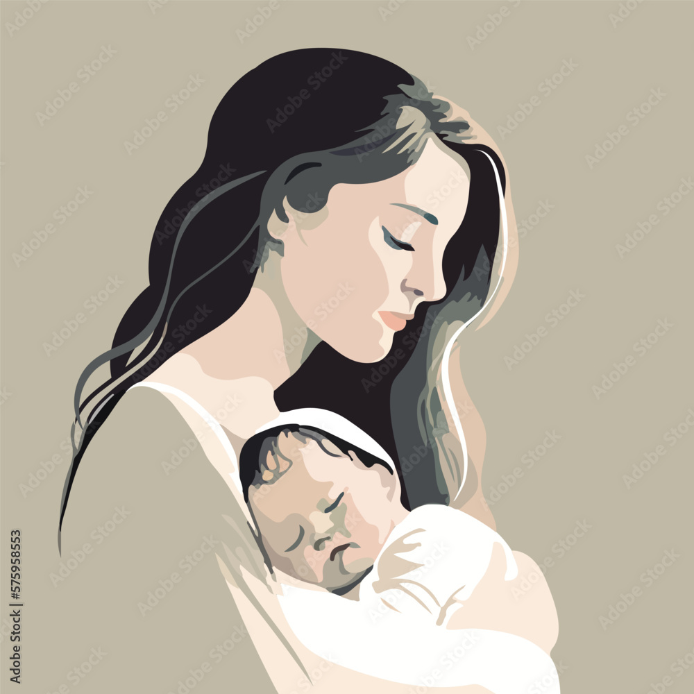Woman holding her infant baby in her arms. Logo symbol of motherhood and love. Card for the Happy Mother's Day. Mom and newborn baby. Touching portrait. Generative AI	