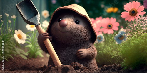 Canvastavla Funny cute Mole Gardening with gardening tools and a Smile