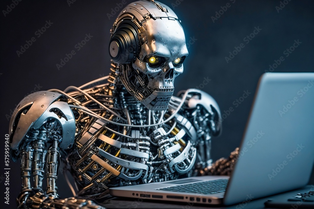 Ai robot working on laptop. Generative AI Ai robot working on laptop. Generative AI
