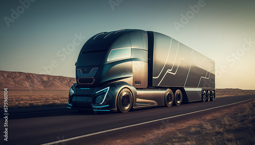 Futuristic Big Black Truck on the highway. Modern autonomous. Transportation truck  © uttam