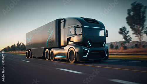 Futuristic Big Black Truck on the highway. Modern autonomous. Transportation truck  photo