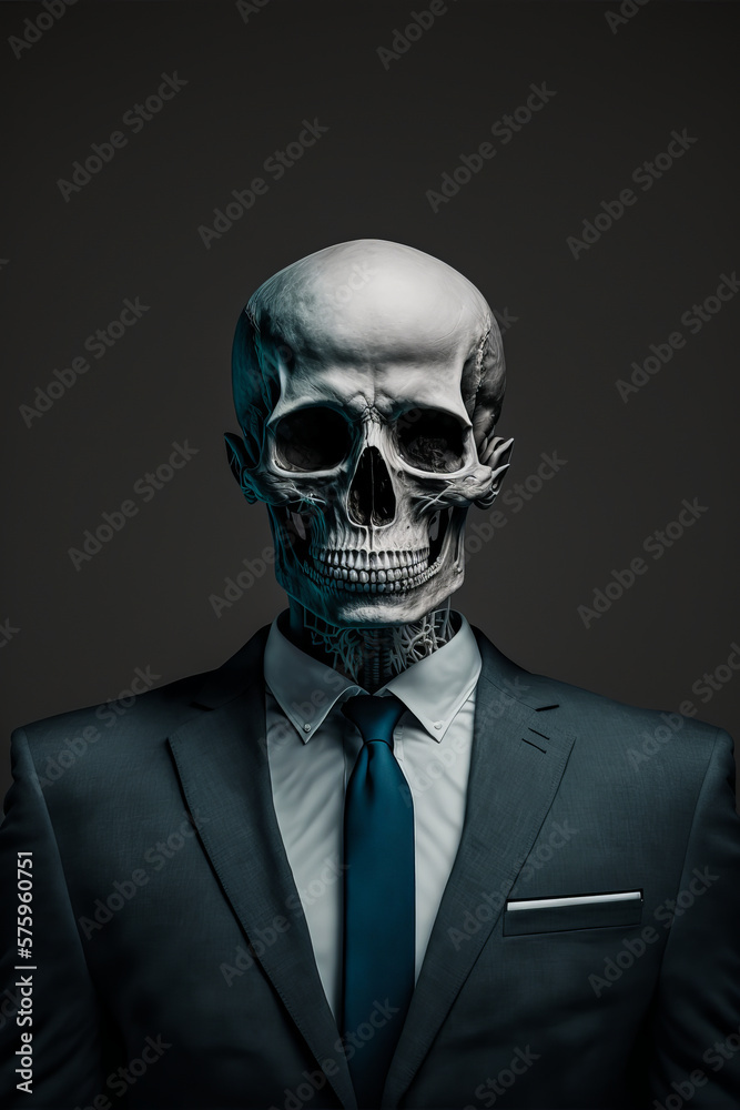 A man in a suit, tie and skeleton head: a humorous portrait representing the business world. A surreal photo perfect to illustrate a unique theme. Generative AI A man in a suit, tie and skeleton head: a humorous portrait representing the business world. A surreal photo perfect to illustrate a unique theme. Generative AI