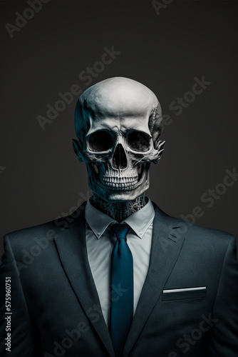 A man in a suit, tie and skeleton head: a humorous portrait representing the business world. A surreal photo perfect to illustrate a unique theme. Generative AI © XaMaps