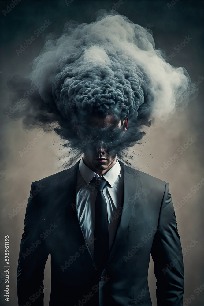 Humorous portrait of a man in a suit and tie whose head explodes with smoke. Experience the daring concept of the pressure of the corporate world. Generative AI