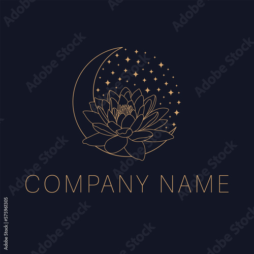 Crescent and lotus logo design. Luxury bohemian logo template. An astrology mystic moon and lotus logotype.