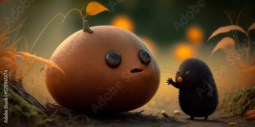 Funny mole chatting with a goofy pumpkin in the autumn garden photo