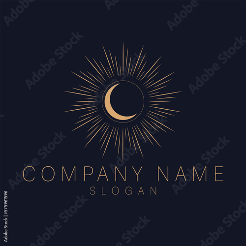Bohemian logo with moon and sun. An astrology mystic crescent and sun logotype. Luxury template.
