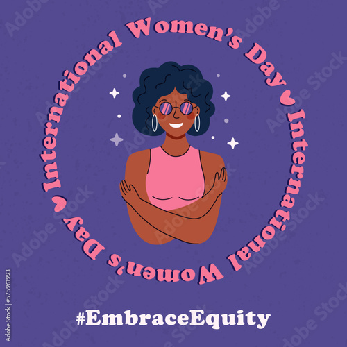 International womens day banner or social media post concept. Embrace equity woman illustration with girl hugging herself.