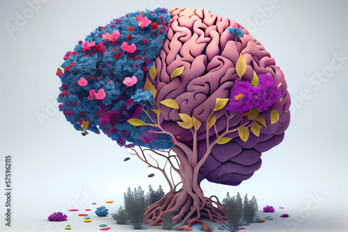 Human Brain Tree With Flowers, Self Care And Mental Health Concept, Positive Thinking, Creative Mind. Generative AI